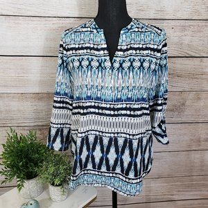 DEX NAVY-AQUA- WHITE IKAT-LIKE DESIGN TOP -SMALL